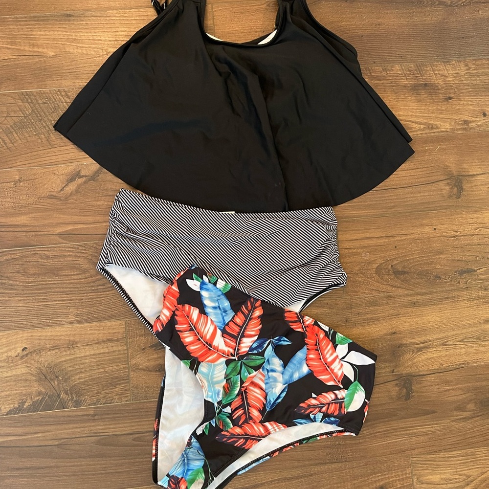 Amazon Women’s Black Tankini Top with Striped and Tropical Bikini Bottoms